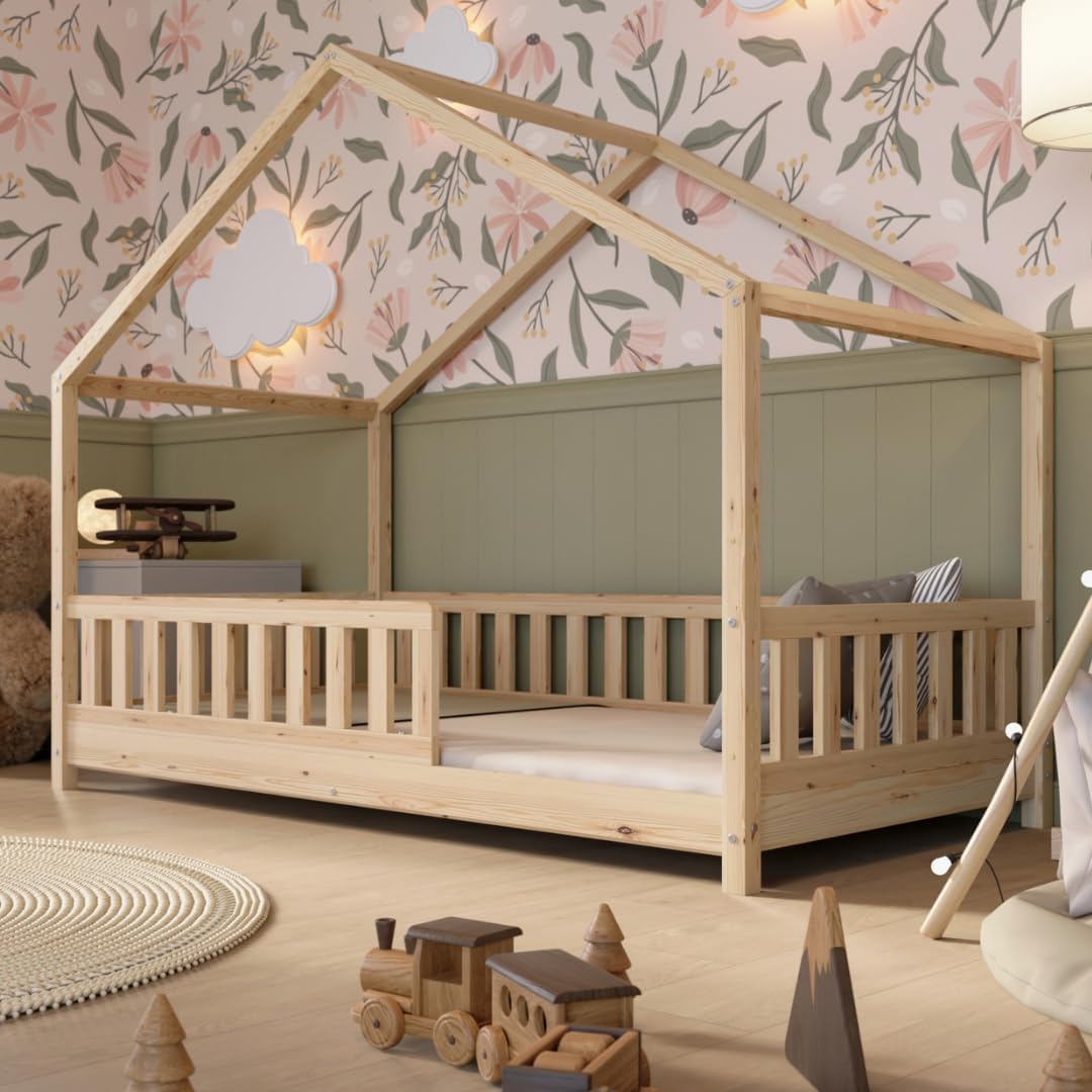 Crazy Pine Cabin Bed 160x80 cm – Natural Wood Children's Bed with Barrier – Montessori Floor Bed with Height-Adjustable Legs and Removable Barrier - Crazy House