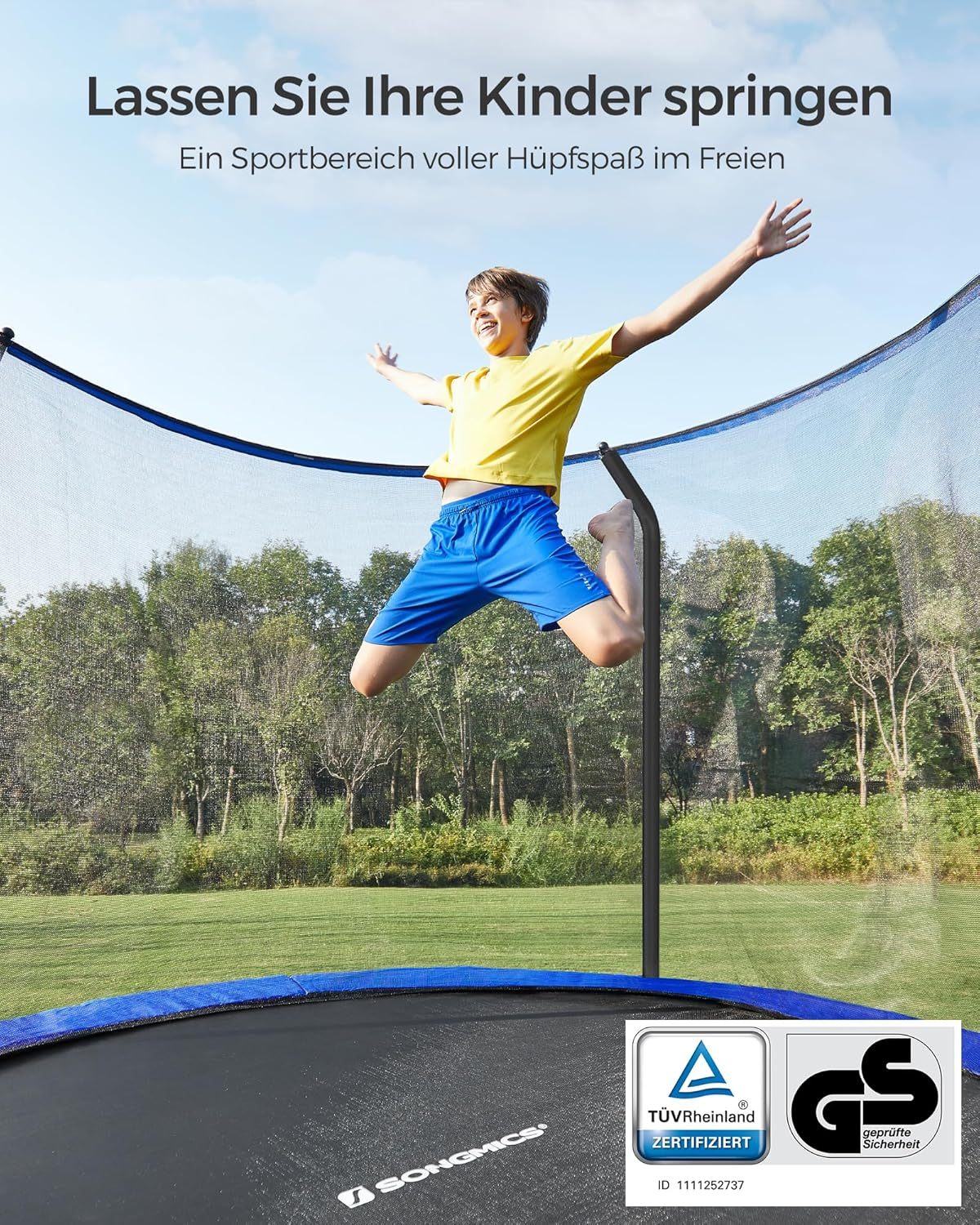 SONGMICS Outdoor Trampoline Ø 244 cm. Round Garden Trampoline with Safety Net and Ladder. Edge Cover. Padded Frame. for Children