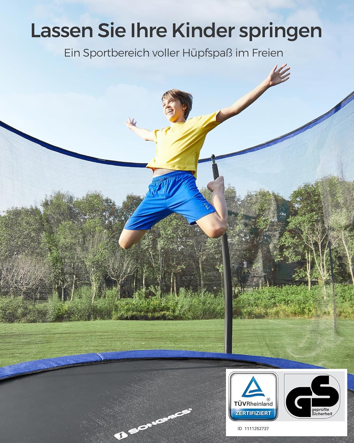 SONGMICS Outdoor Trampoline Ø 244 cm. Round Garden Trampoline for Children with Safety Net. Edge Cover. Ladder and Padded Poles