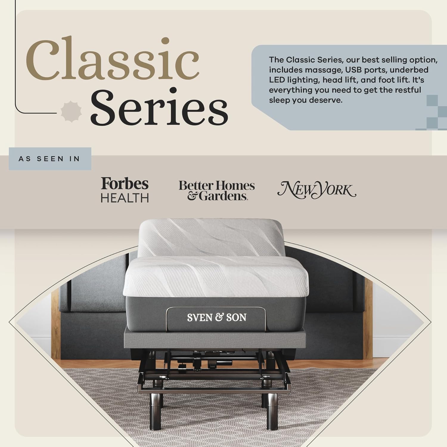 Sven & Son Classic Adjustable Bed Base. Head and Foot Lift. Massage. Under-Bed Lights. USB. Gel Memory. Zero Gravity Smart Frame - Split King + 14 inch Hybrid Spring Matt (Medium Soft)