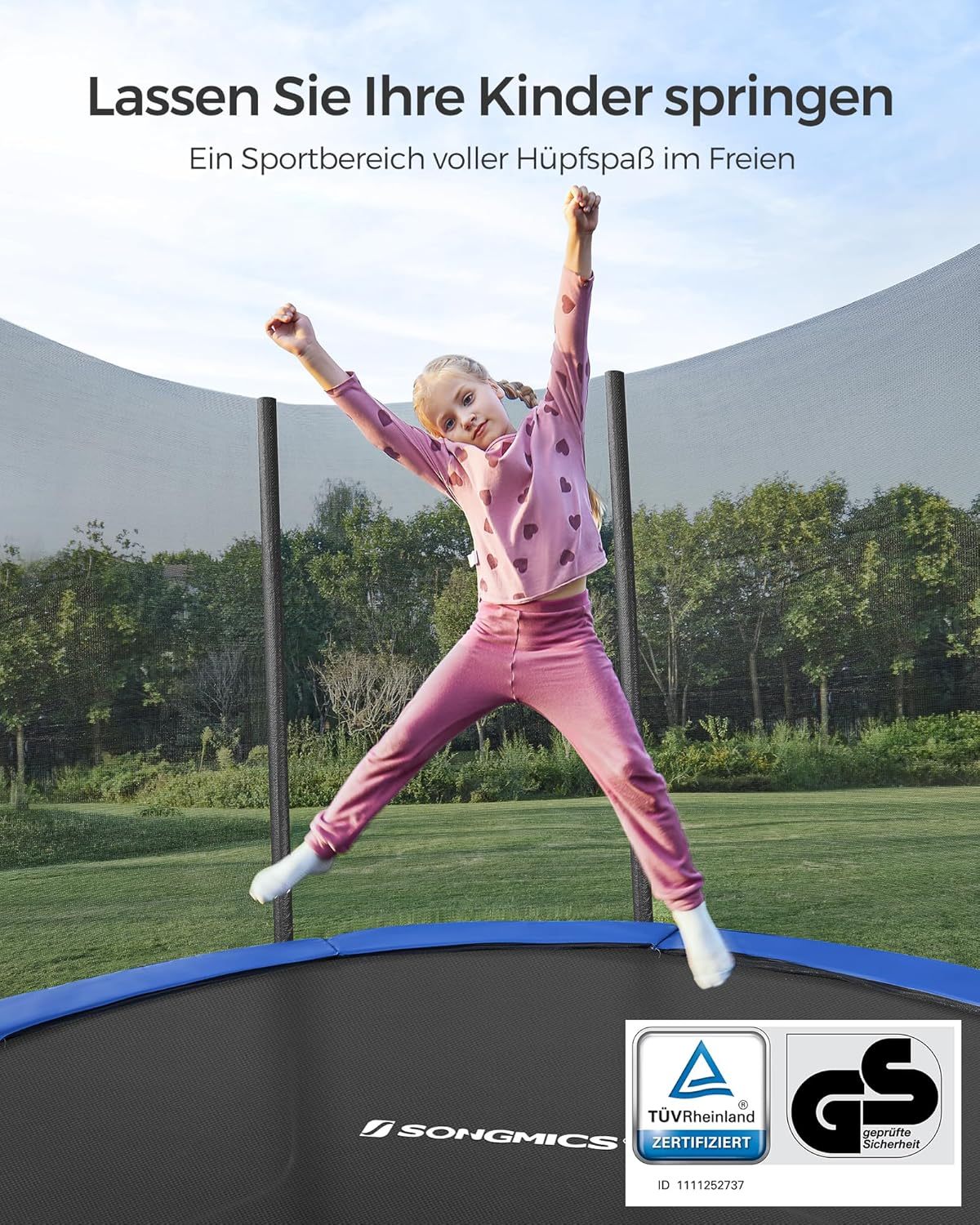 SONGMICS Outdoor Trampoline Ø 305 cm. Round Garden Trampoline with Safety Net. Ladder and Padded Poles