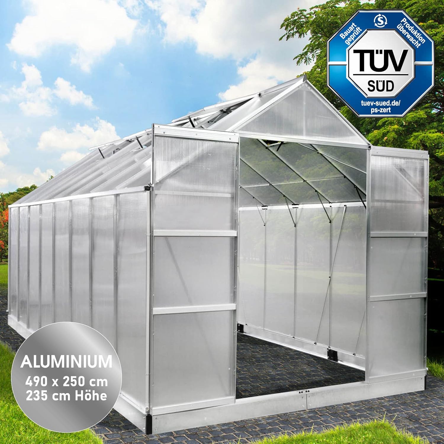 BRAST Aluminium Greenhouse with Base 490 x 250 x 235 cm. TÜV Tested. 6 mm Hollow Chamber Panels. Rustproof/Weatherproof/Temperature-Resistant