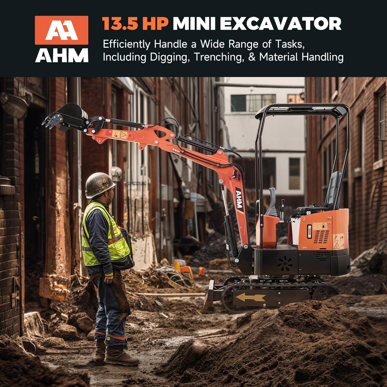 AHM Mini Excavator Machine. 1 Ton Mini Crawler Excavator with 13.5 hp EPA Certified Engine & All-Terrain Tracks. Trench Digger with Canopy & Adjustable Seat for Garden Farm Park Construction Site