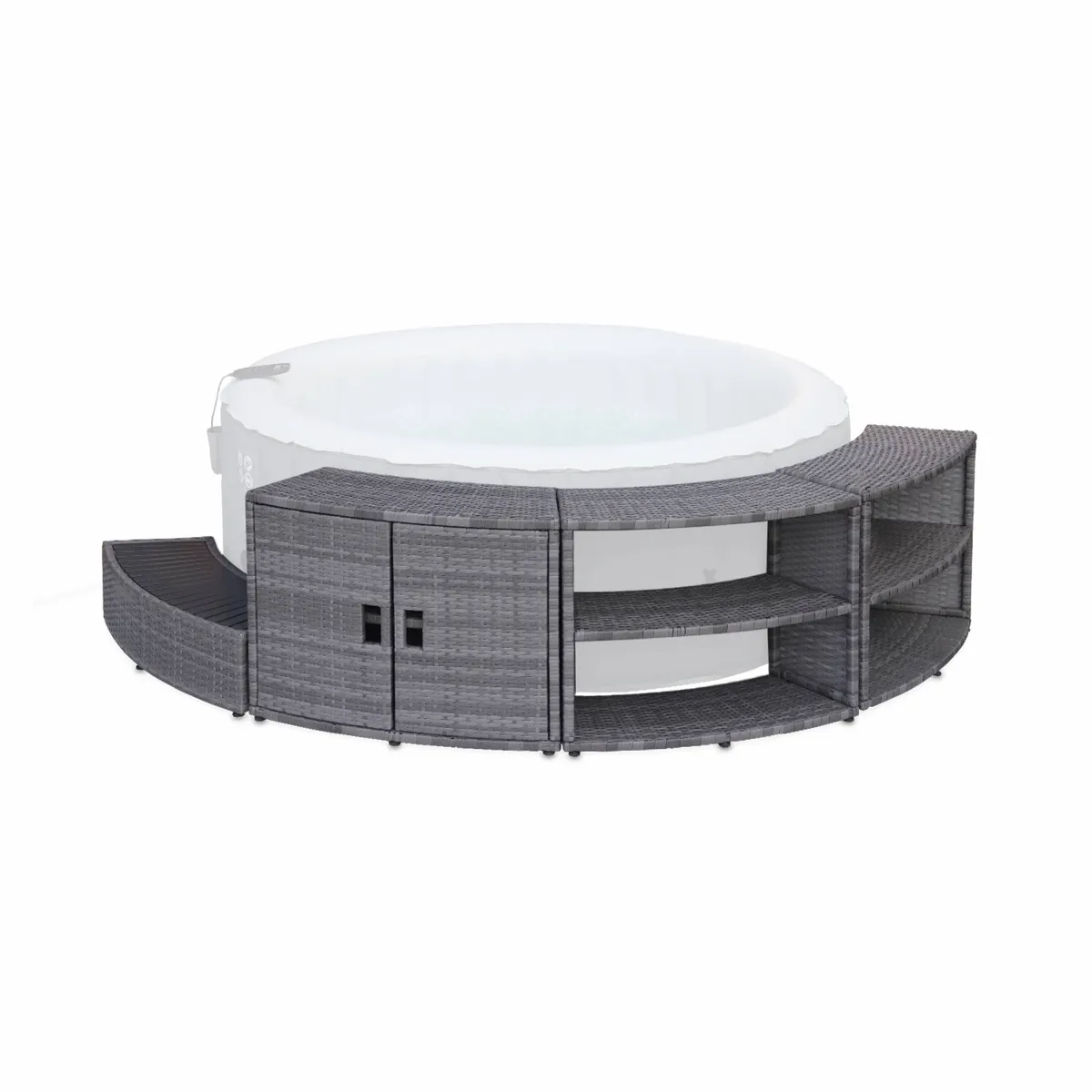Cadre pour spa. contour en résine tressée grise pour spa rond avec armoire étagères et marche pieds